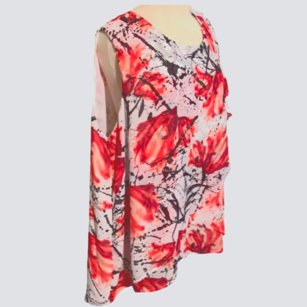 EUC NEW DIRECTIONS Long Sleeveless Floral & Flowy Lined Hi-Lo Hem Summer Blouse